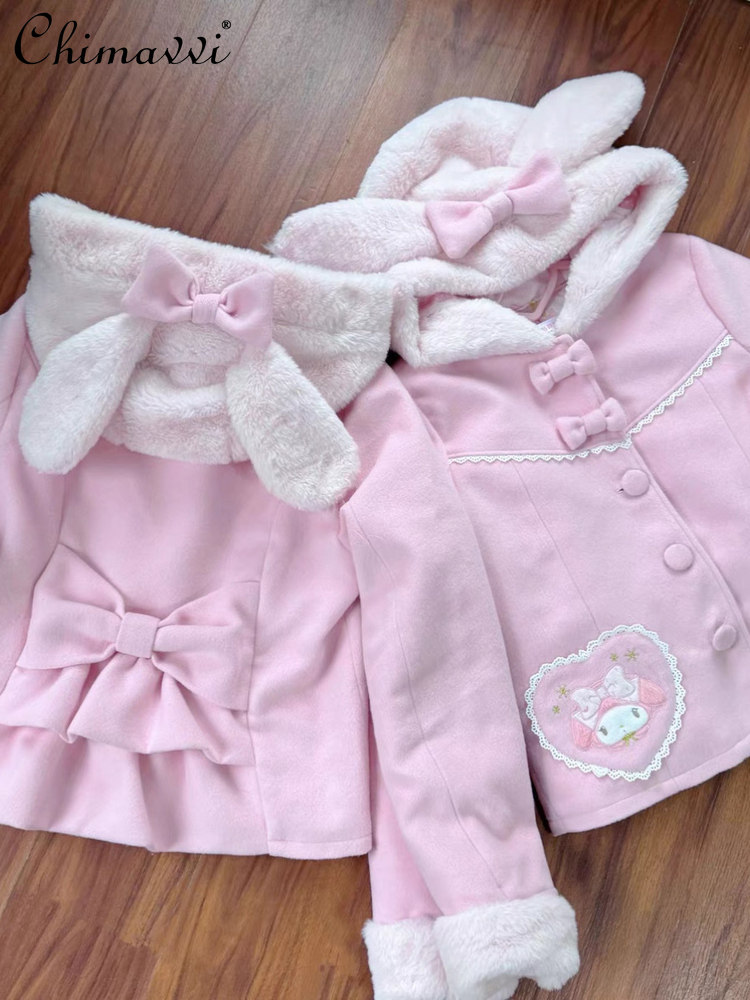 Manteau en peluche rose de Style japonais pour femme, mignon, doux, avec nœud papillon, oreilles de lapin, à capuche, court, en laine épaisse, automne et hiver