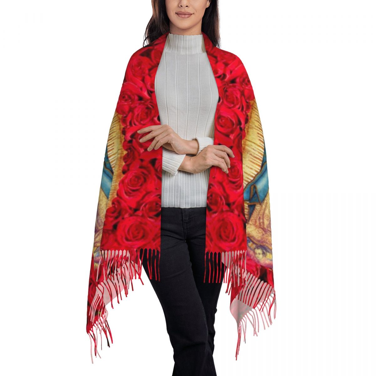 Écharpe Personnalisée Vierge Marie avec Fleurs pour Femme, Long Châle Chaud, Unisexe, Catholique, Rond, Hiver, Automne