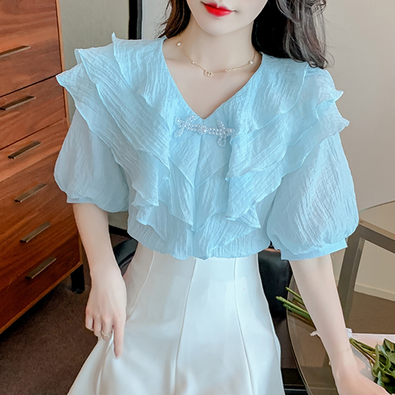 Blouses en Chiffon Blanc à Volants pour Femmes, Mode Été 2026, Blusas Décontractées Style Coréen, Manches Bouffantes Vintage Y2K, Hauts Femme