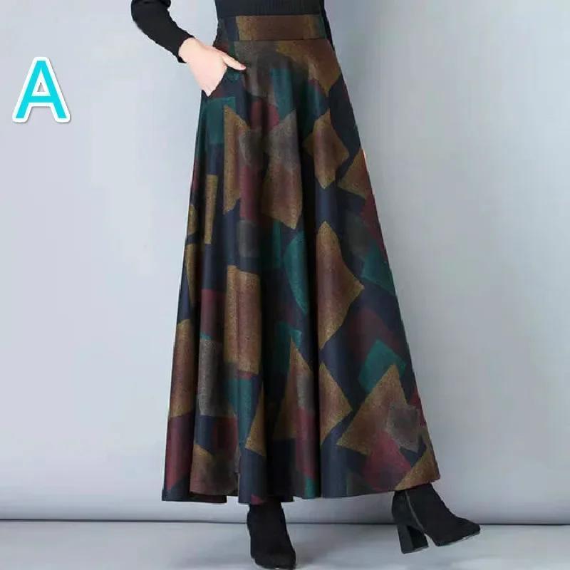 Jupe trapèze longue mi-longue en laine à carreaux taille haute pour femme, grande taille, mode automne-hiver, vêtements décontractés pour femme