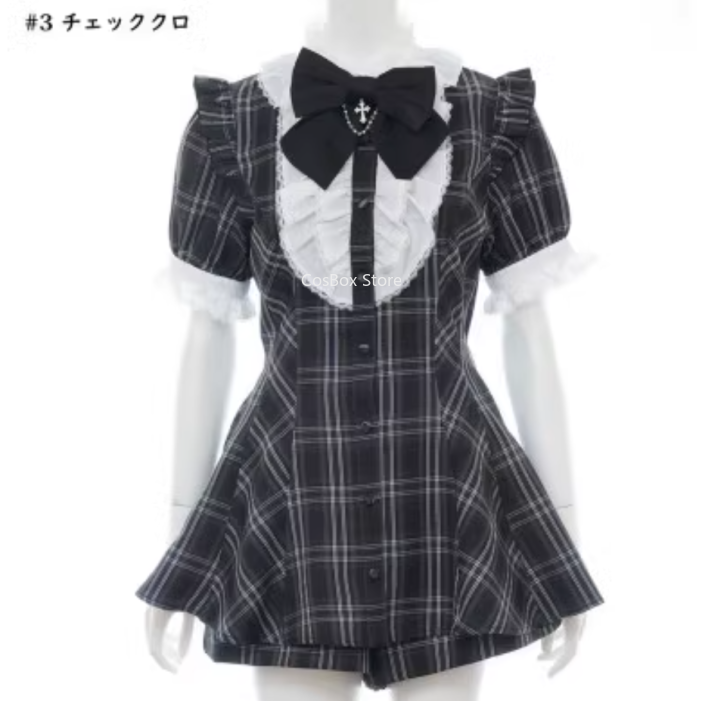 7 Styles Jirai Kei Robe à carreaux noirs avec nœud, dentelle, manches longues ou courtes, jupe, tenue Lolita Kawaii sombre et douce Ryousangata, style japonais