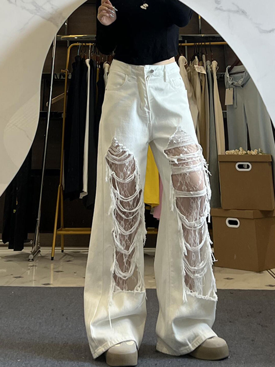 Jean blanc en détresse pour femmes, nouveau Design d'été, Slim, taille haute, jambes larges, avec frange en dentelle, 2025