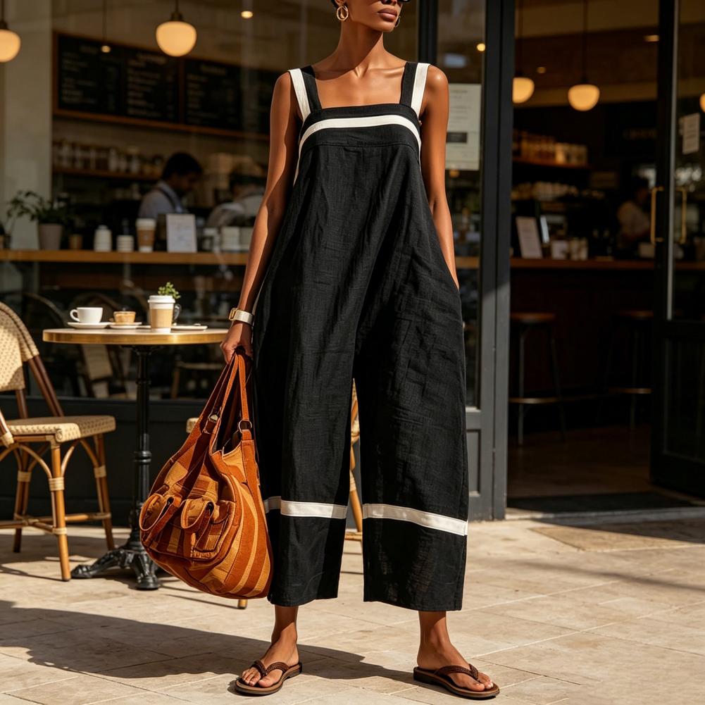 Robe d'été pour femmes, robe en coton et lin sans manches à blocs de couleur, robe longue ample pour les vacances avec poches, vêtements pour femmes
