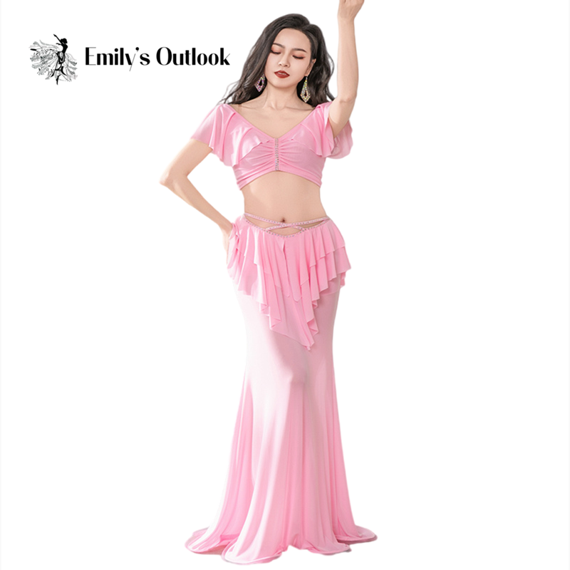 Costume de danse du ventre arabe Sexy, 2 pièces, tenue de scène en gaze pour femmes, manches courtes à volants, jupe longue en queue de poisson avec écharpe de hanche pour adultes