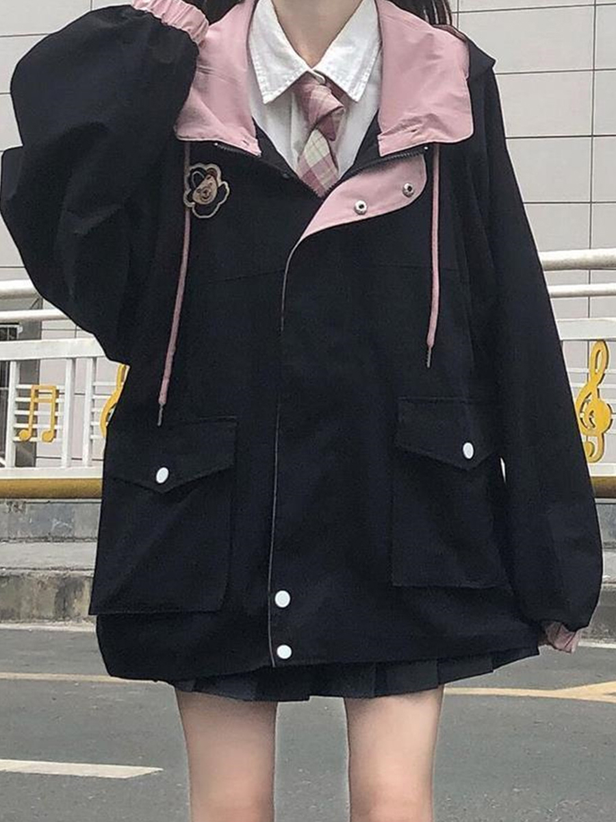 Veste Kawaii japonaise pour femmes, manteau à capuche surdimensionné de Style Preppy rose, mode coréenne, vêtements d'extérieur décontractés pour filles, automne 2023