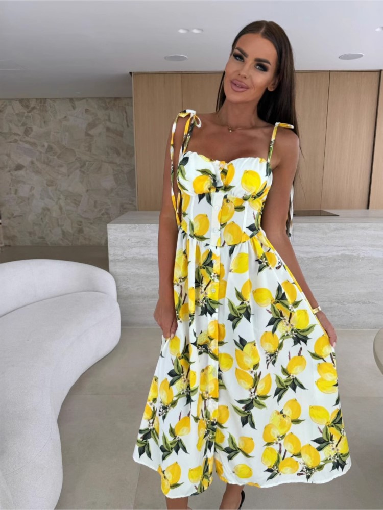 Robe élégante à la mode pour femmes, nouveau Style d'été, coussin de poitrine autonome, bretelles imprimées, près de la taille, robe à simple boutonnage