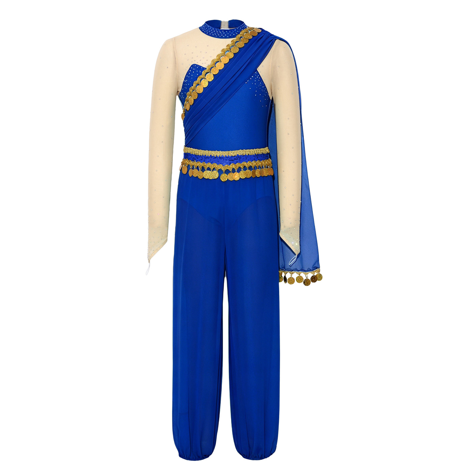 Tenues de danse du ventre de princesse arabe pour filles, costume de cosplay d'Halloween, combinaison à paillettes, franges et strass, body à manches longues
