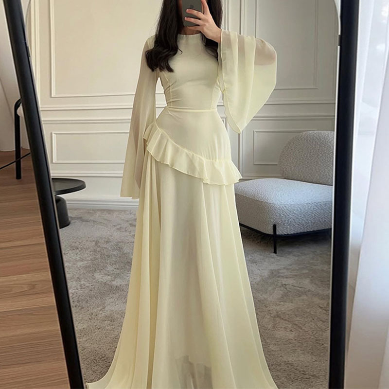 Robes pour femmes élégantes, col rond, couleur unie, à volants, robe de soirée plissée, manches évasées, à nouer, vêtements féminins Slim, printemps automne