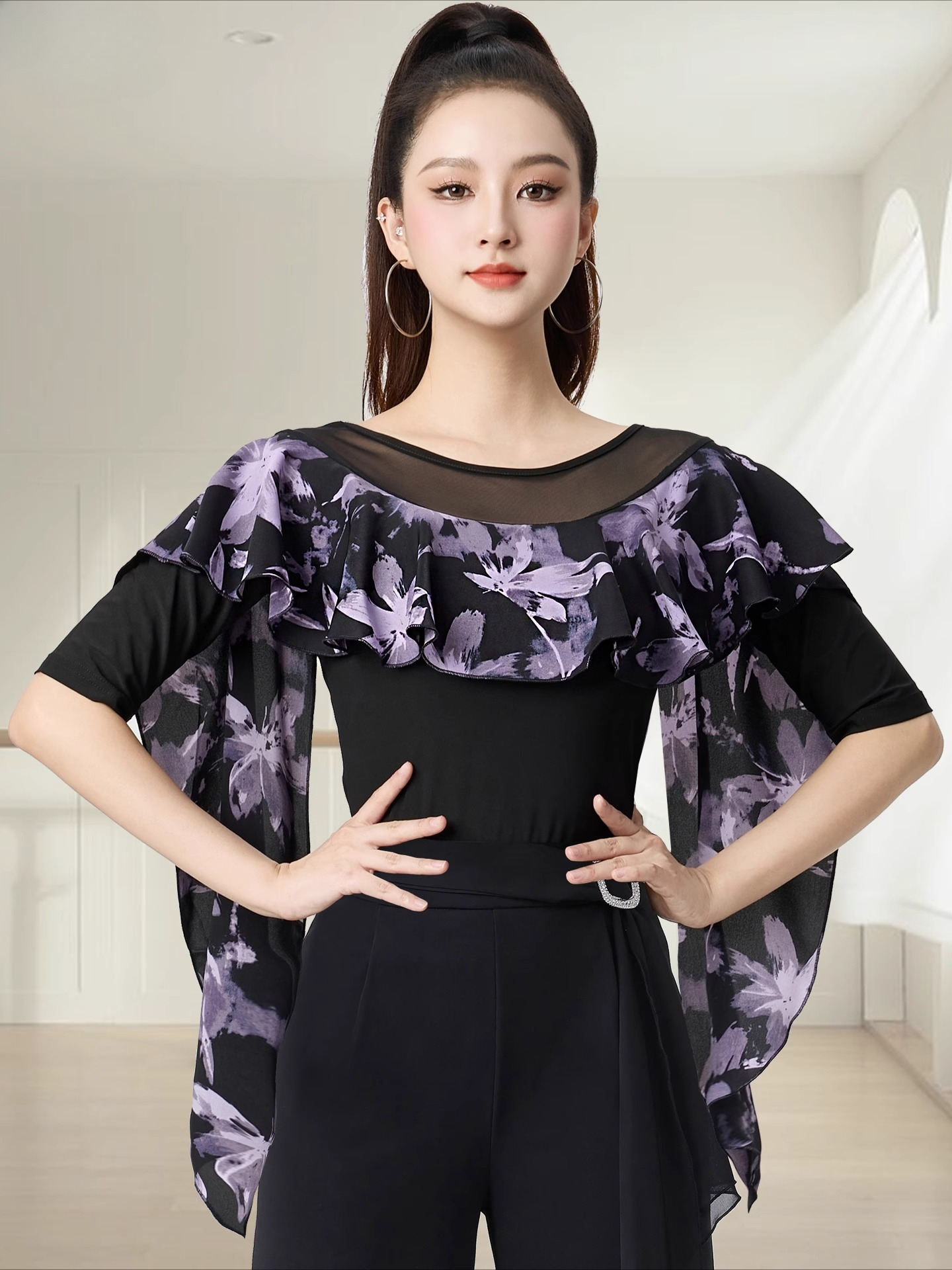 Vêtements de danse pour femmes, hauts d'été imprimés, ligne latine, Costume de danse, nouveaux produits, danse de salle de bal, vêtements d'entraînement pour femmes, noir