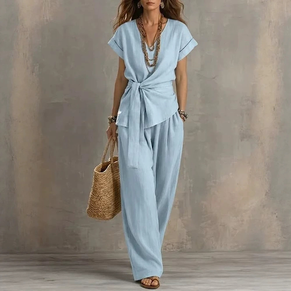 Nouvelle tenue décontractée d'été 2 pièces pour femme en coton et lin : haut à col en V et manches courtes avec ceinture à nouer, pantalon long ample à jambes larges
