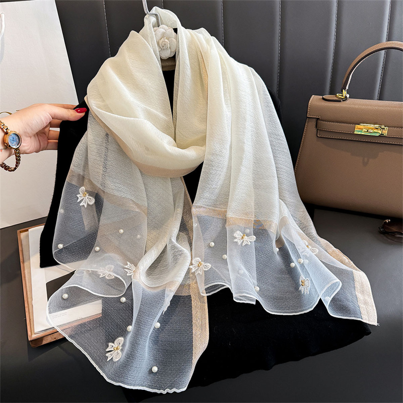 Écharpe de Luxe en Laine Brodée Florale pour Femme, Hijab, Pashmina, Long Châle de Plage, Bandana, 2024