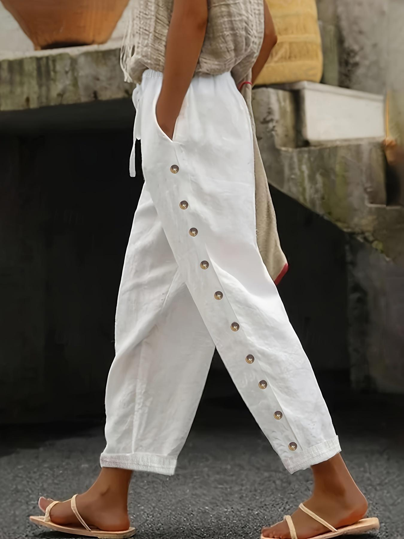 Pantalon taille élastique pour femme – Pantalon décontracté coupe décontractée, pantalon de salon polyvalent de longueur 3/4