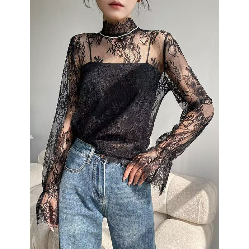 Femmes dentelle broderie florale Blouses chemise femme hauts blancs Sexy maille Blouses Transparent élégant Transparent noir Blouse chemise