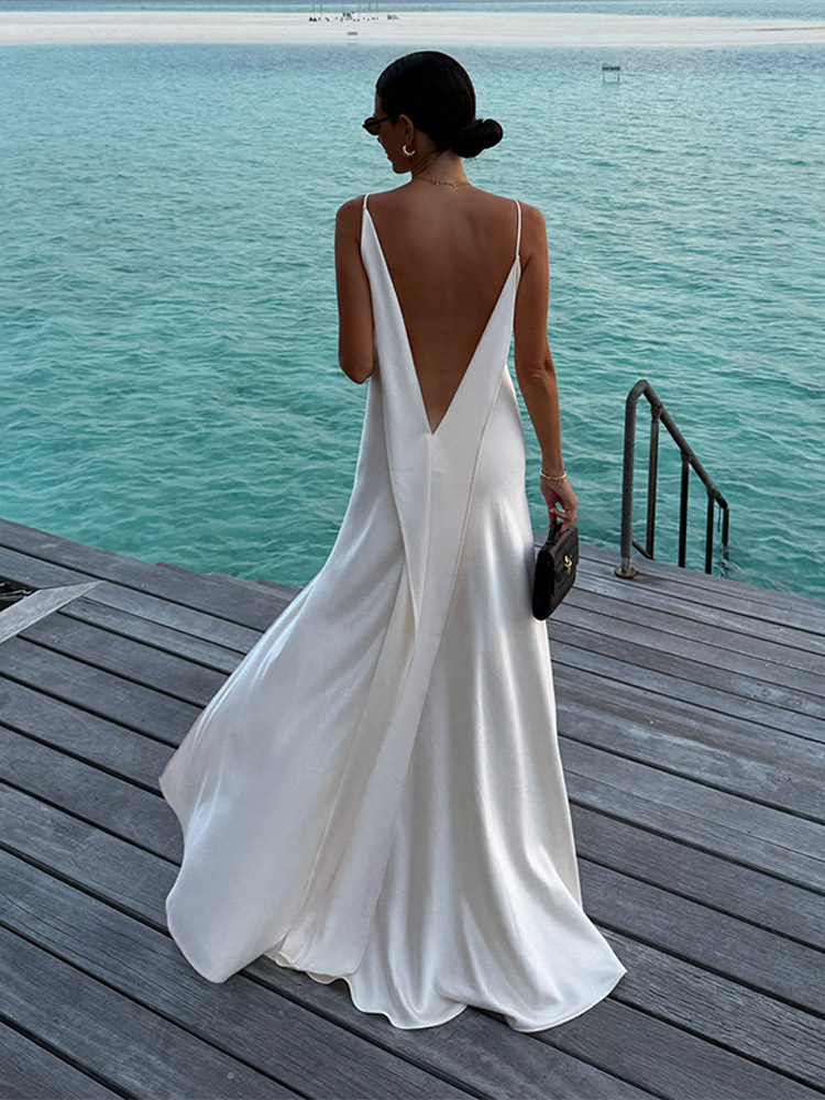 Robe longue élégante en satin pour femme, col en V, sans manches, dos nu, fente haute, robes de plage pour les vacances, maxi vestidos, nouvelles robes pour femme 2026