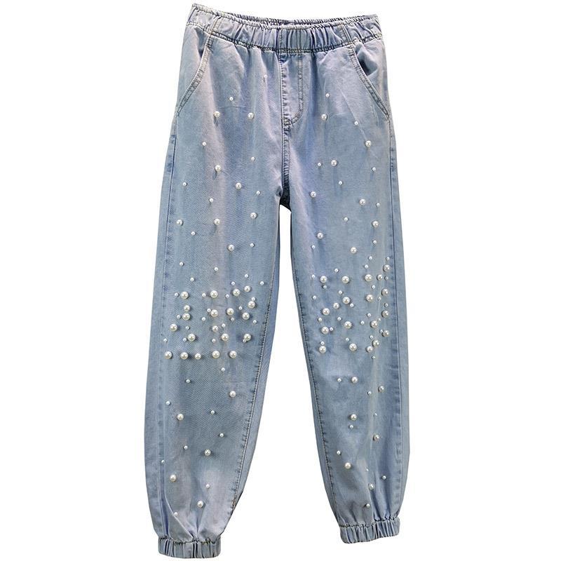 Pantalon en jean tendance pour femme 2026, coupe ample, taille élastique, style harem perlé, type jogger