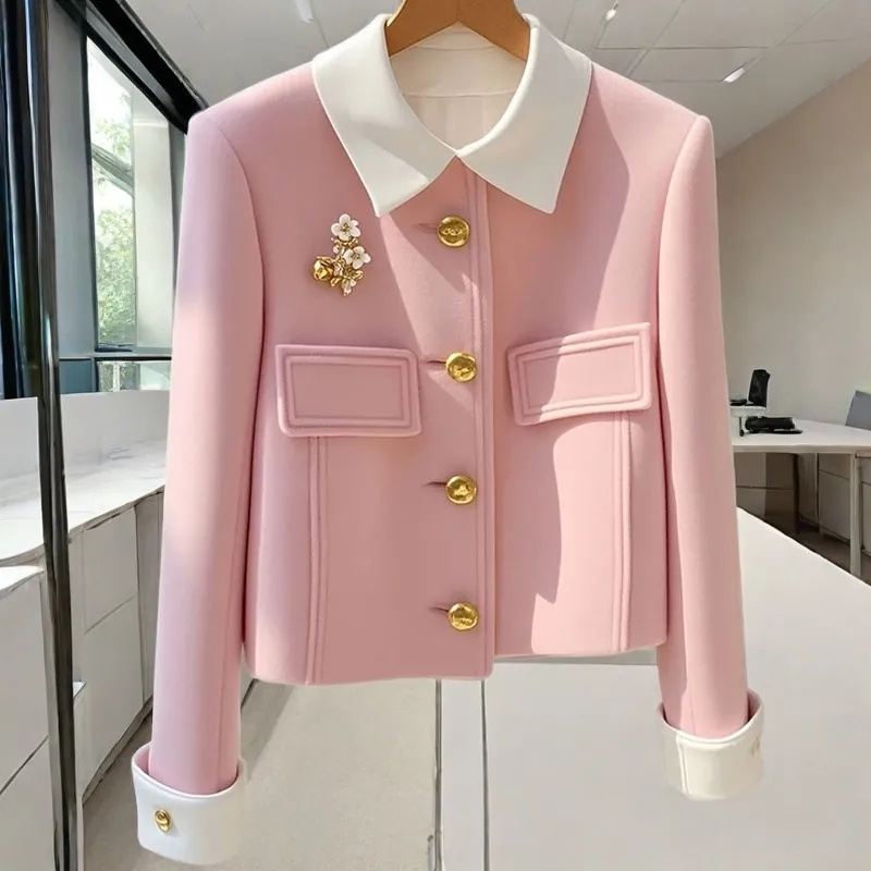 Manteau en laine rembourré rose à simple boutonnage pour femme, à la mode, Unique et il semble bon, automne 2024