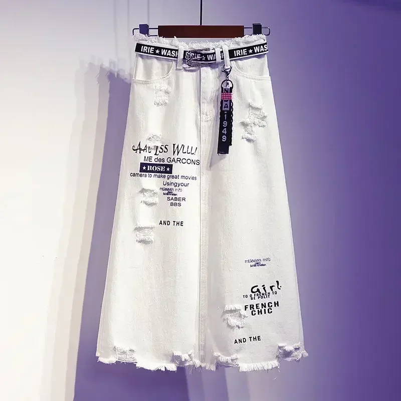 Jupe longue en denim blanc pour femme, surdimensionnée, grande taille, lettre imprimée, style coréen, mode, nouveau, 2025