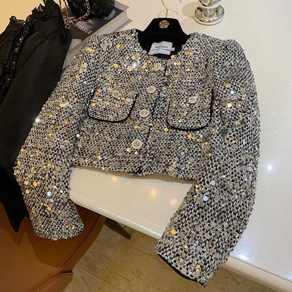Veste à paillettes vintage pour femmes, vestes courtes argentées, manteau élégant pour dames de bureau, mode coréenne, printemps, chic, 2024