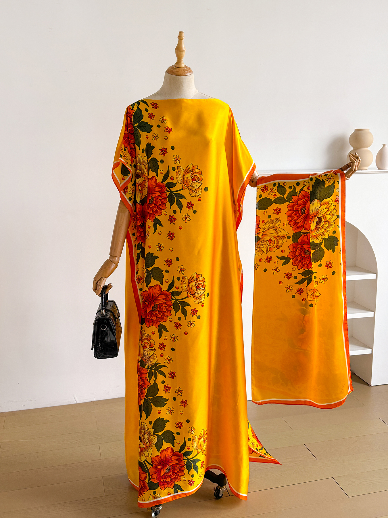 Abaya en satin imprimé floral avec foulard, kaftan maxi ample pour femmes musulmanes africaines, tenue d'été pour la plage et les vacances