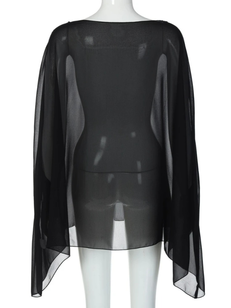 Femme vêtements transparent en mousseline de soie Blouses Sexy mode solide couvertures dames élégant boîte de nuit hauts blanc noir Streetwear