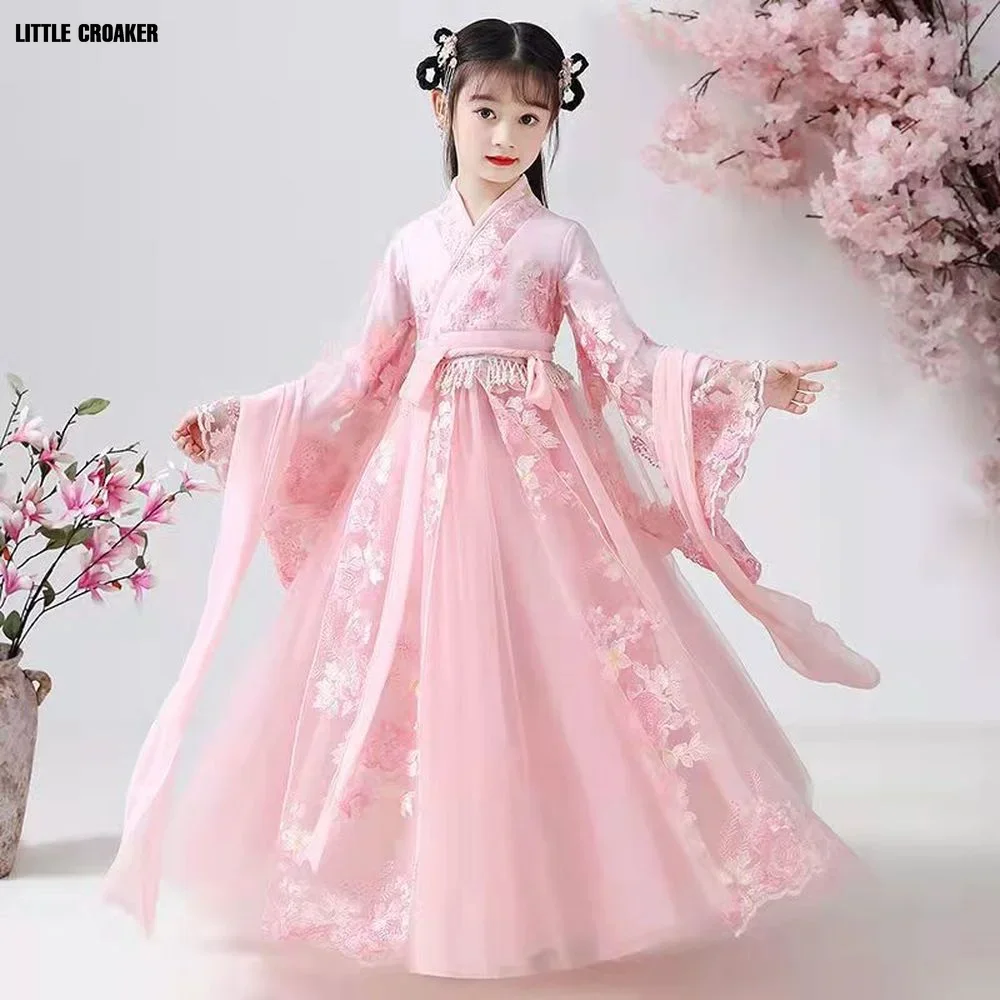 Robe de danse folklorique traditionnelle chinoise pour filles, Costume de fée de danse rose Hanfu, ensemble de robes de princesse pour enfants, vêtements de Cosplay de fête