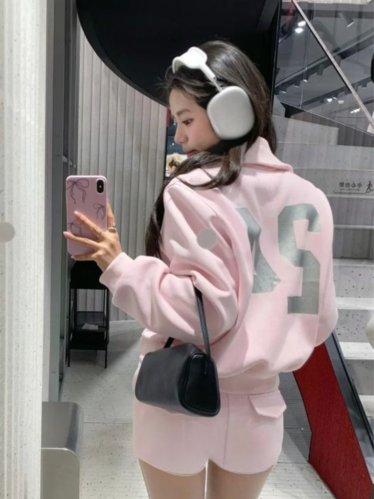 Ensemble 2 pièces décontracté rose de Style coréen pour femmes, veste à capuche avec fermeture éclair + short droit taille haute, Harajuku Chic, Streetwear, nouveau
