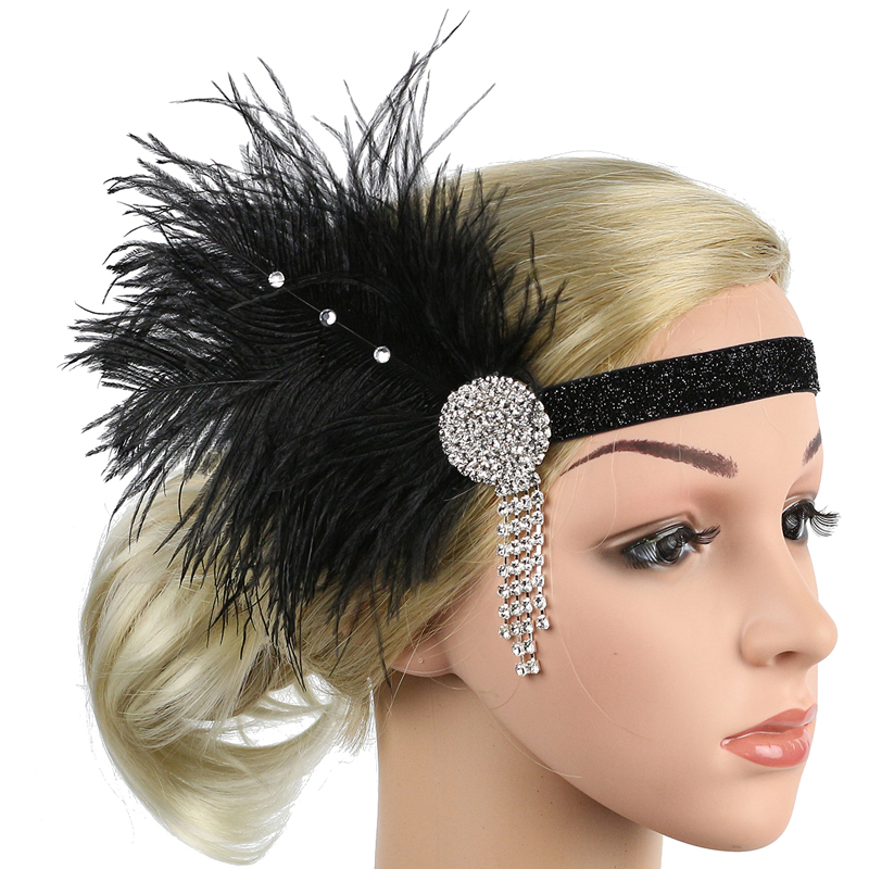 Serre-tête à plumes pour femme style Charleston des années 20, accessoires de cosplay, bandeau à strass et perles, coiffe vintage Gatsby pour fête
