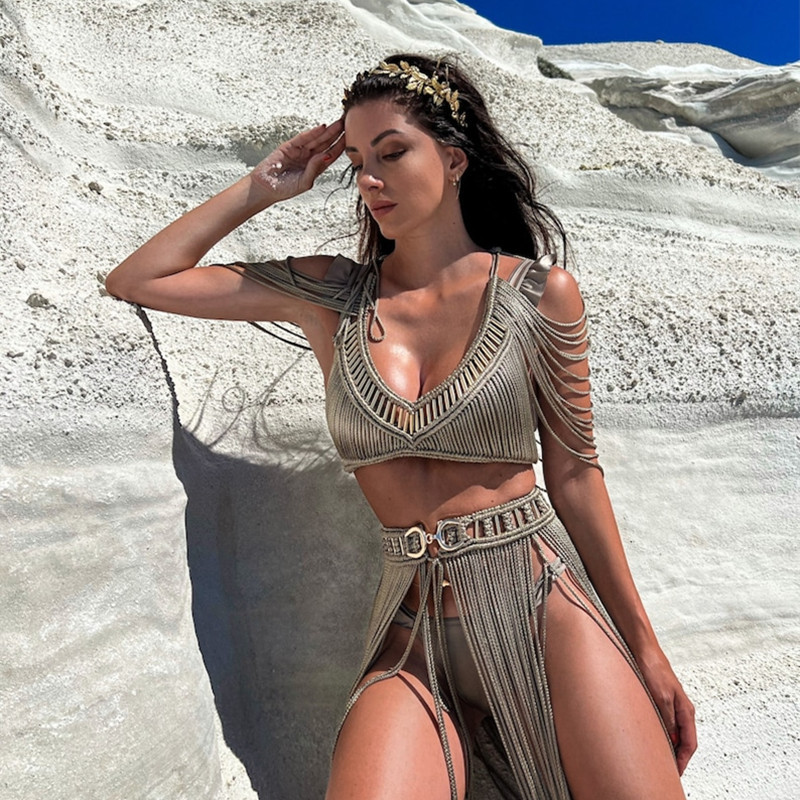 Ensemble haut court et jupe longue pour femmes, fait à la main, crochet, couvertures lancées, solide, pompon, maxi, été, plage, bain, trempé, 2024