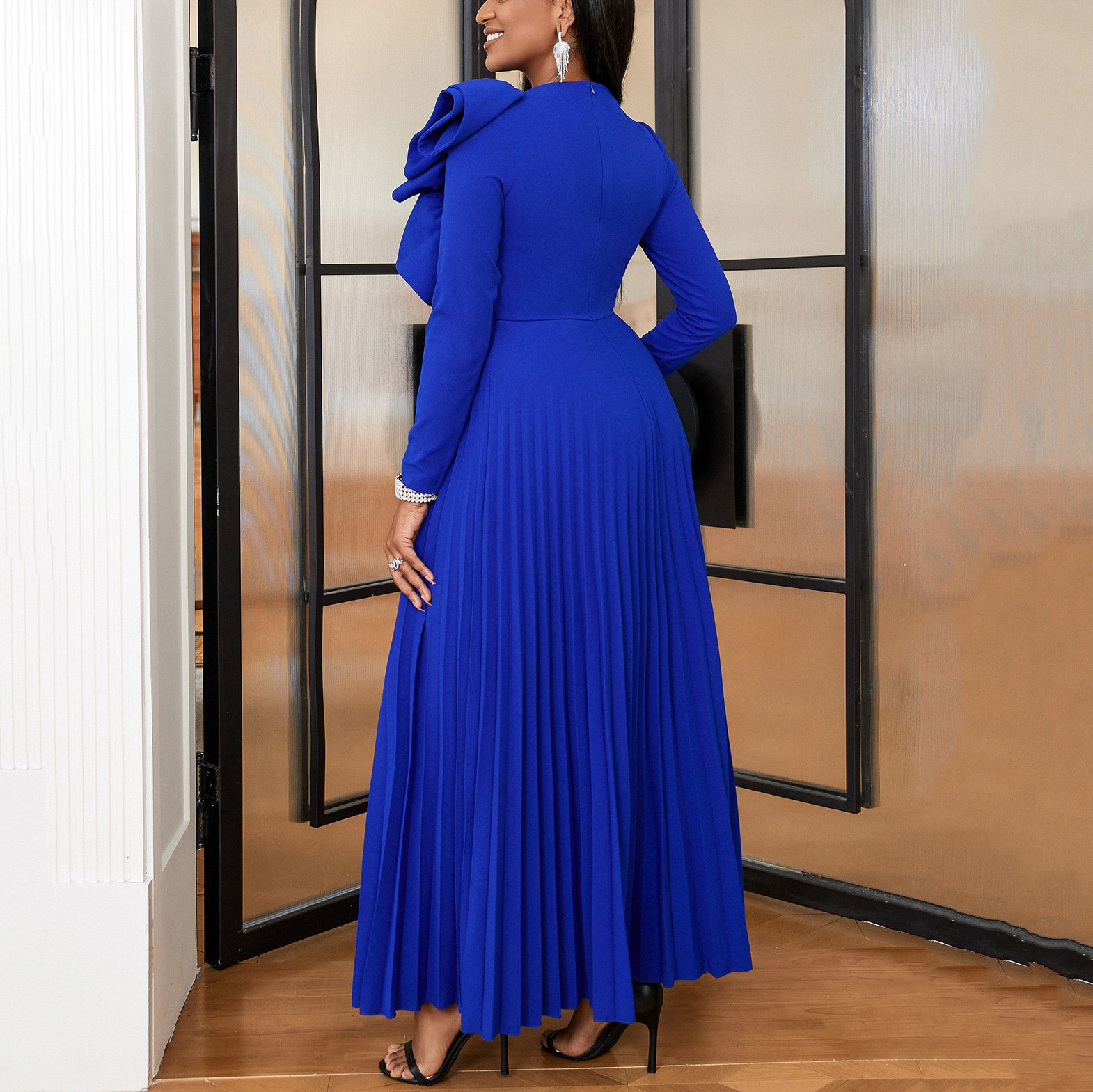 Robe longue plissée à manches longues et col rond pour femme, robe de soirée de luxe, volants, longueur rinçage, élégante, automne, hiver, nouveau, 2024