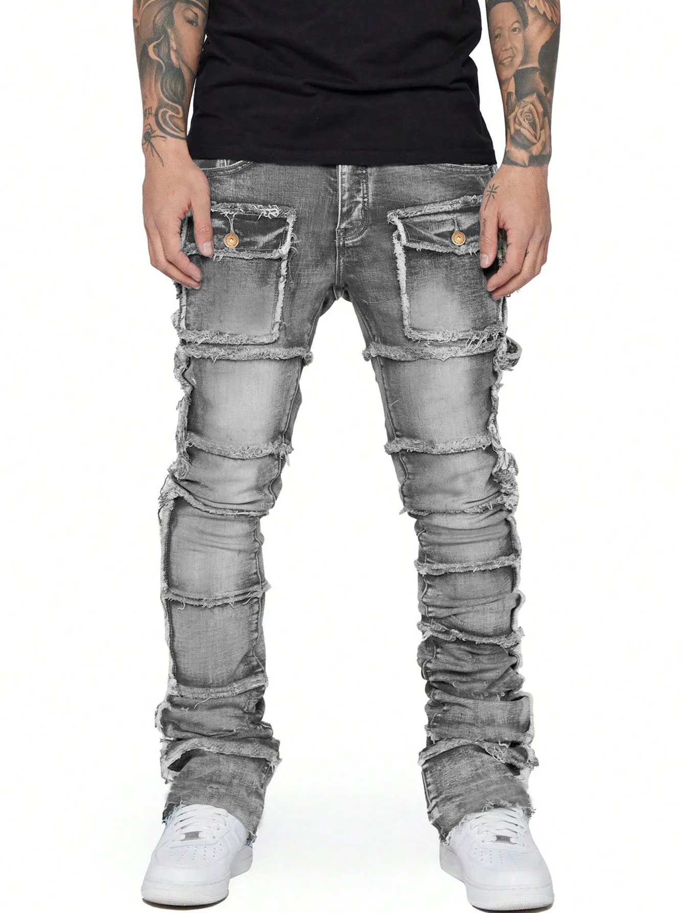 2025 nouveaux jeans pour hommes à la mode, vêtements de travail à la mode européenne et américaine avec patch, élastiques, laminés et légèrement évasés pour hommes