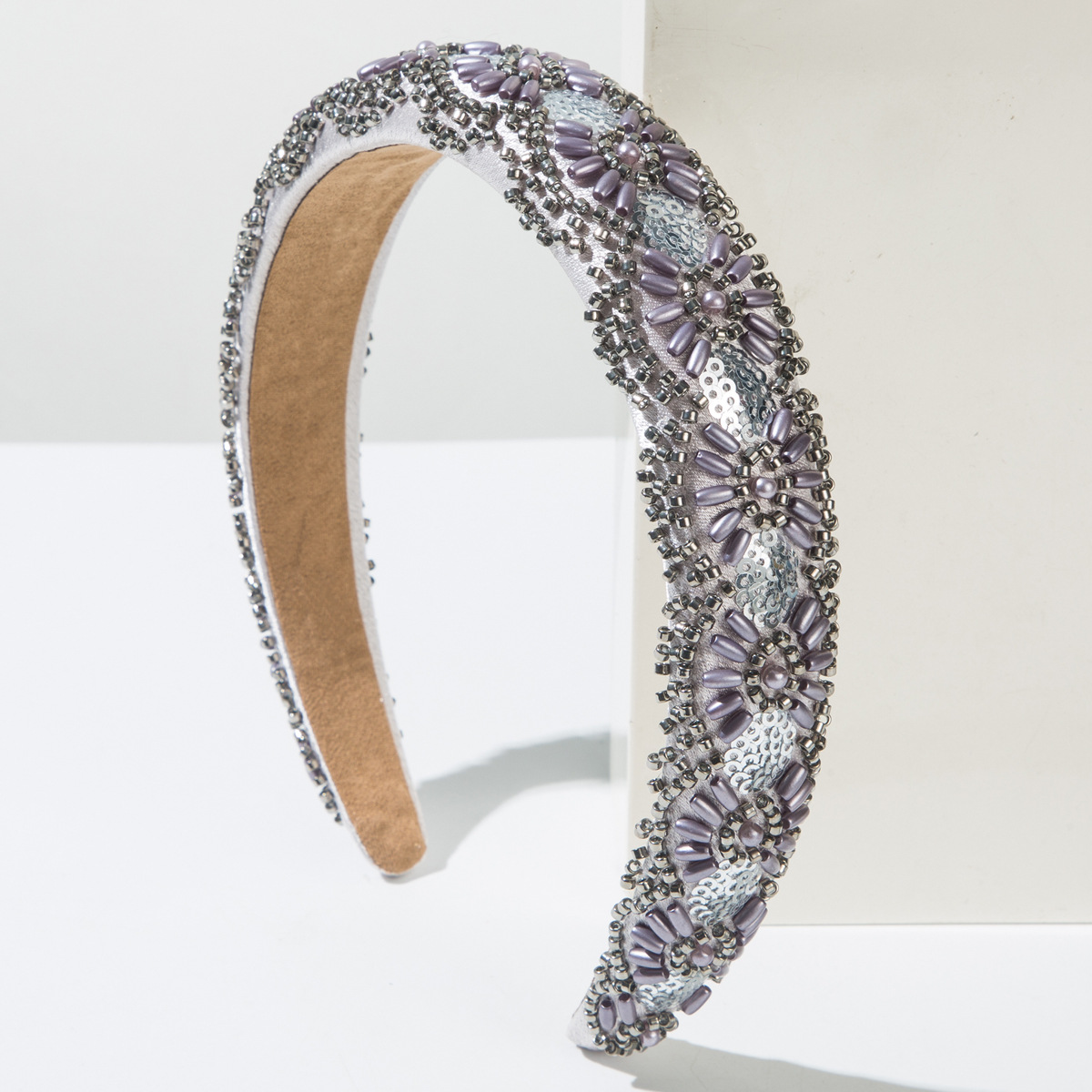 Serre-tête large rembourré à fleurs et perles pour femmes, fait main, avec perles florales, accessoire de cheveux pour mariage et fête