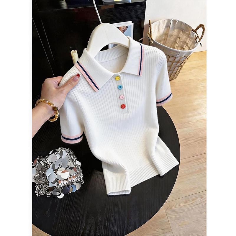 Tunique élégante pour femme, nouvelle collection été, col rabattu boutonné, t-shirt polyvalent à manches courtes, patchwork uni