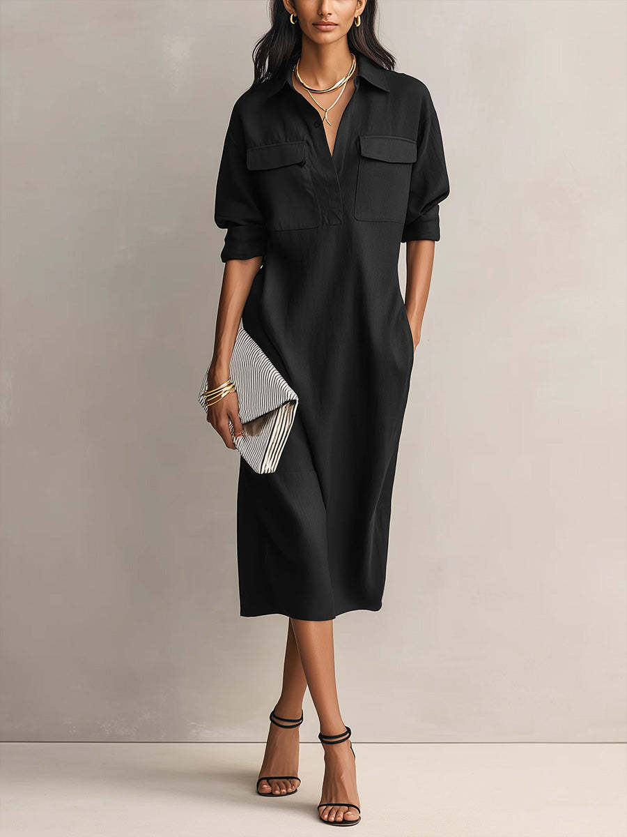 Robe chemise minimaliste unie pour femme, élégante, à demi-manches, col rabattu boutonné, avec poches, robe décontractée quotidienne, robes midi