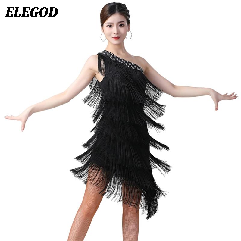 Robe de danse latine sexy pour femmes adultes, robe à paillettes et à franges, robe asymétrique à franges, tenue de danse de salon rumba.