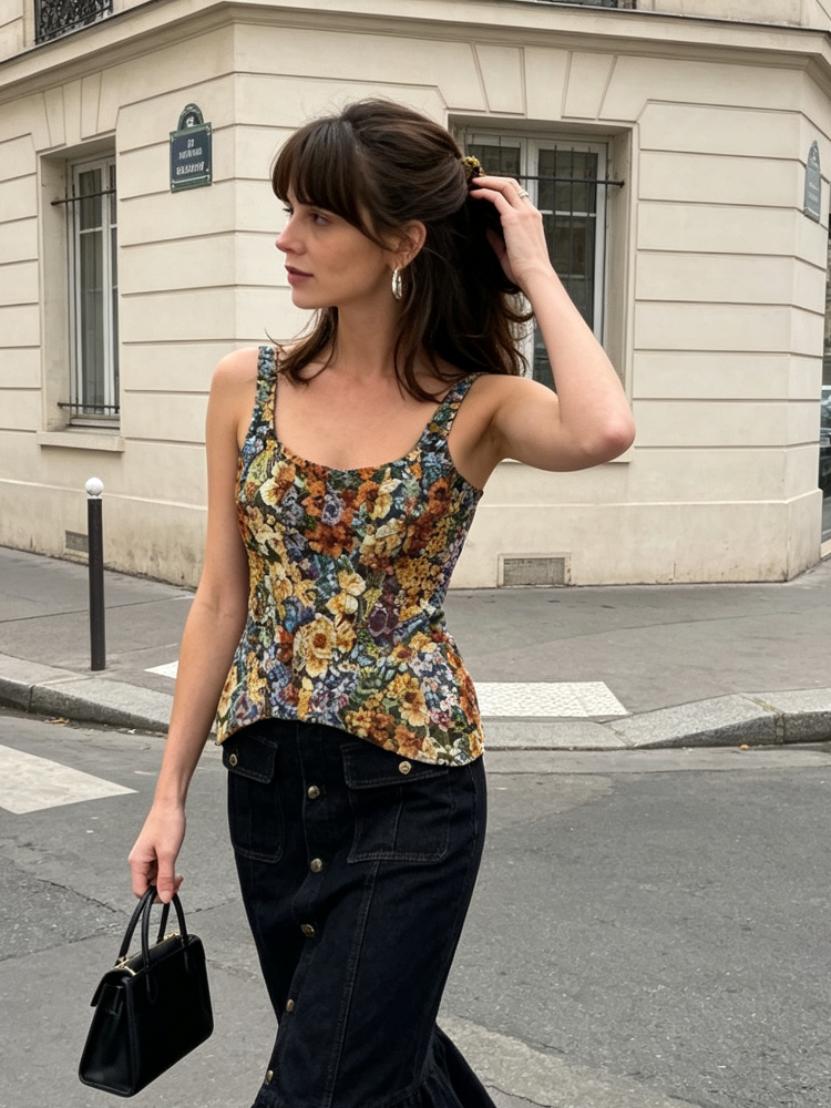 Nouveau débardeur corset vintage à fleurs, col carré, sans manches, coupe ajustée, style peplum, pour femme, idéal pour les vacances d'été