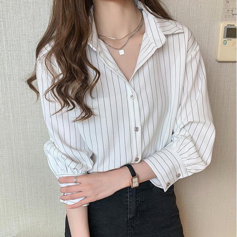 Chemise rayée pour femmes, Vintage, Chic, ample, manches longues, haut Y2K, bureau, mode dames, décontracté, col rabattu, chemisier assorti avec tout, été