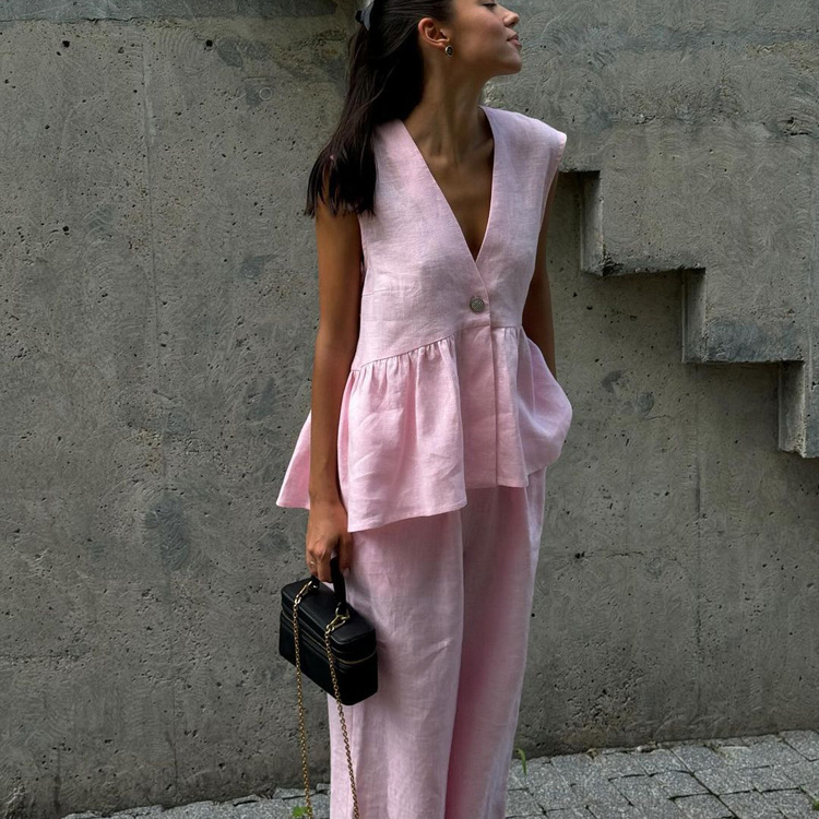 Ensembles 2 pièces pour femmes 2026 – Haut sans manches en coton à col en V + Pantalon long – Nouveaux ensembles deux pièces de couleur unie – Vêtements pour femmes