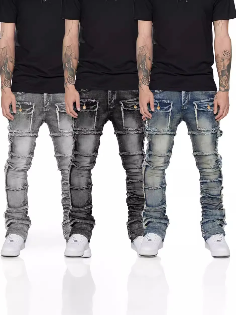 2025 nouveaux jeans pour hommes à la mode, vêtements de travail à la mode européenne et américaine avec patch, élastiques, laminés et légèrement évasés pour hommes