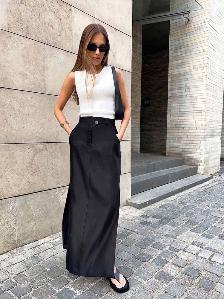 Black adt-Jupe trapèze longue pour femme, élégante, avec poche, fermeture éclair, été