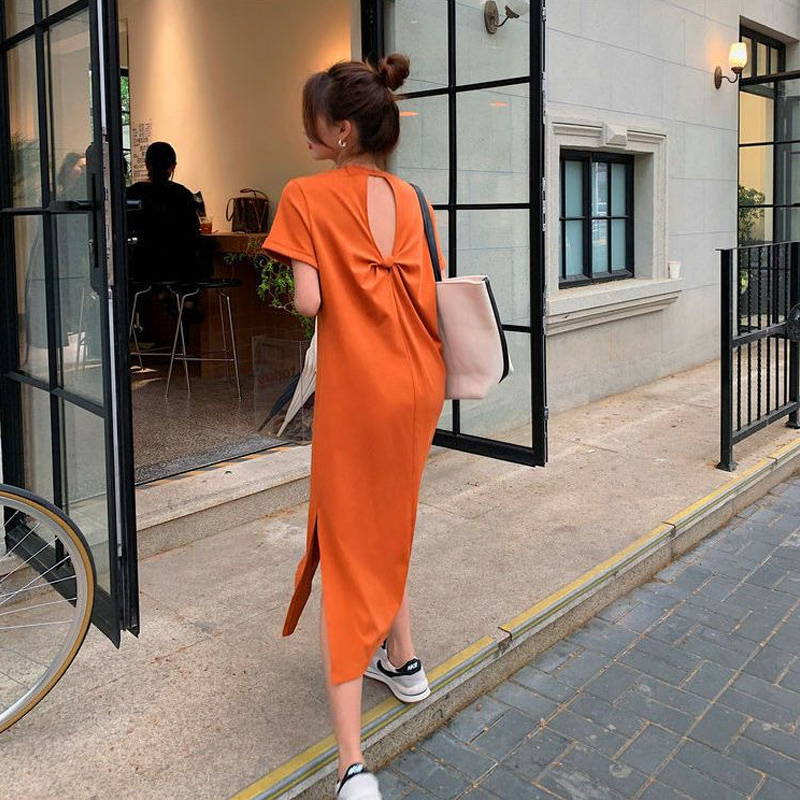 Robe mi-longue à manches courtes et col rond pour femmes, t-shirt dos nu décontracté, robe d'été monochromatique, vêtements tendance de la mode, nouveau document
