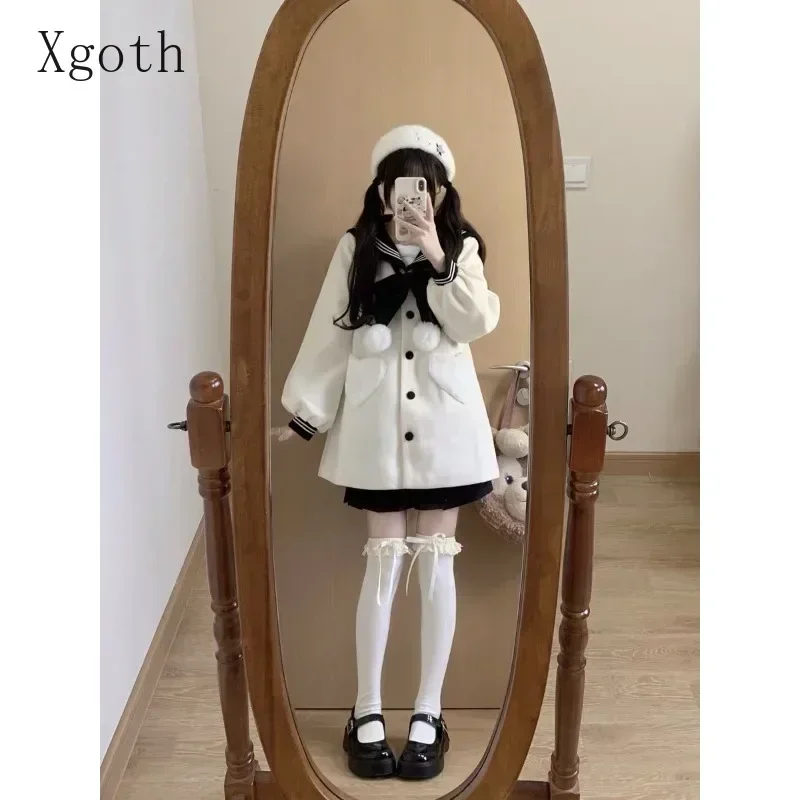 Manteaux pour femmes, col marin contrasté, nœud, simple boutonnage, poche en cœur, réduction de l'âge, manteau en laine polyvalent, vêtements pour dames