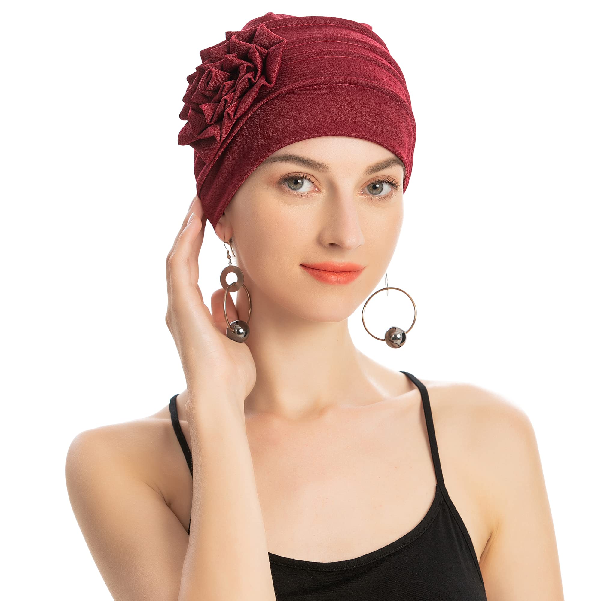 Mode musulmane couleur unie femmes Hijab Turban bonnet chapeau avec fleur chimio chapeaux élastique tête enveloppement casquette