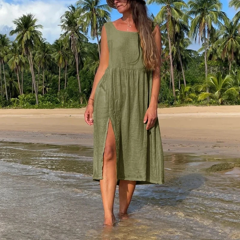 Mousseline 100% coton gaze Boho Robe femmes casual col en U sans manches solide été ample plage vacances Robe d'été dame Robe robes