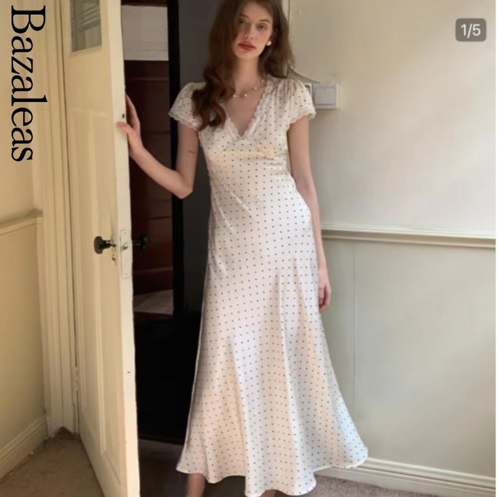 Robe MIDI en dentelle pour femmes, col en v, manches courtes, soirée, imprimé à pois violets, été, 2025