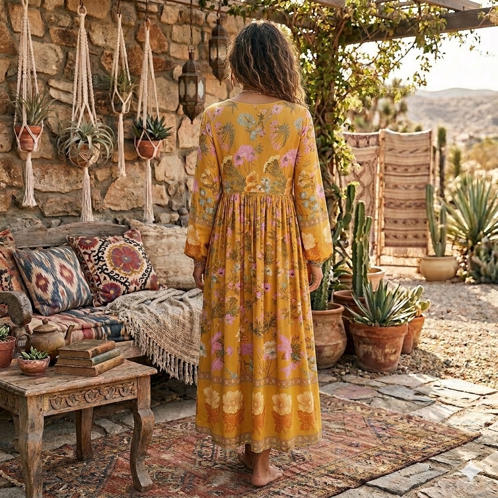 Robe bohème vintage chic pour femmes, imprimé floral, manches évasées, robes maxi pour dames, volants, robe en coton Boho, robe éducative, mode