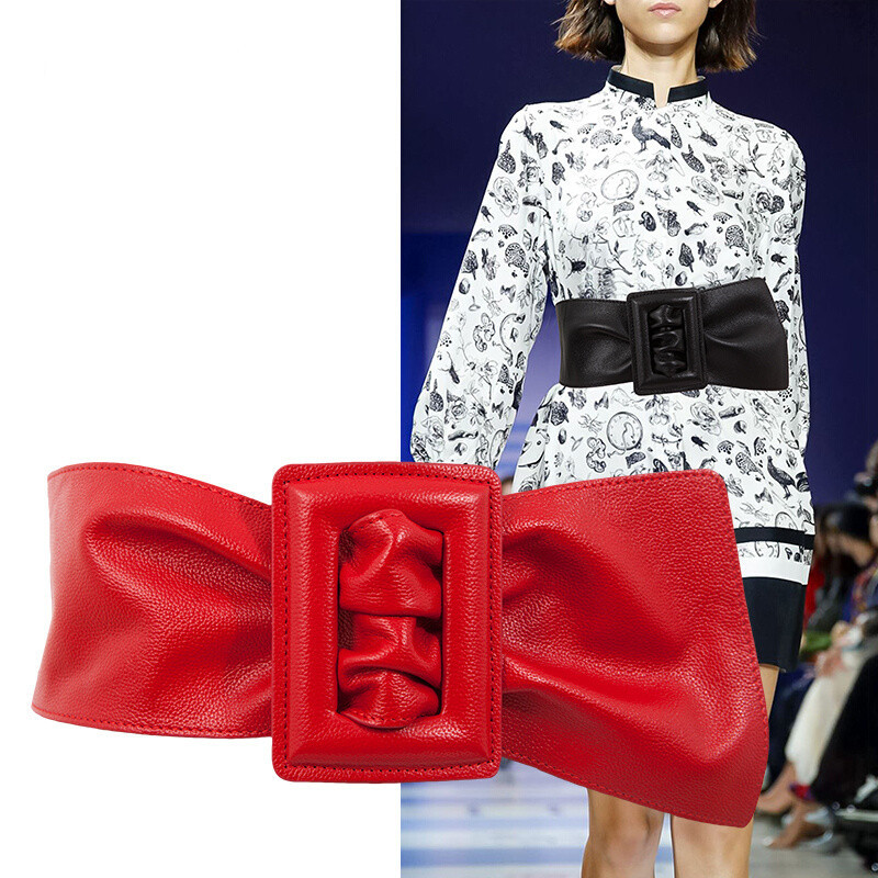 Ceinture large en cuir noir effet peau de mouton pour femme, élégante, style vintage, en PU