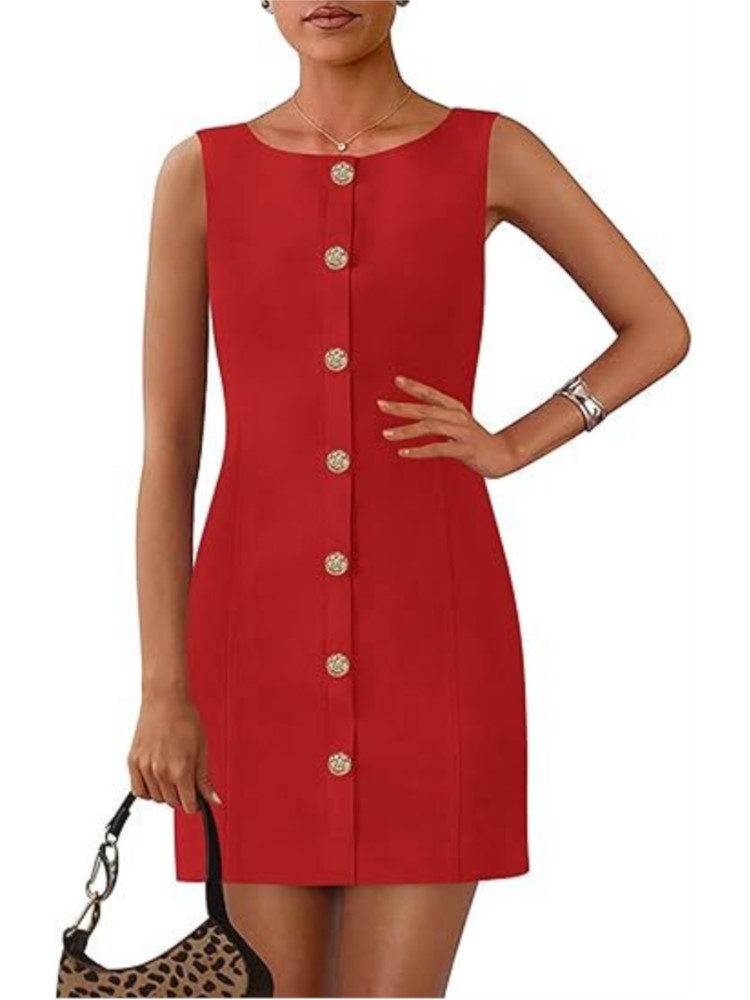 Robe de bureau élégante pour femmes, couleur unie, col rond, sans manches, boutons, Mini robes décontractées, vêtements d'été pour femmes, nouvelle collection