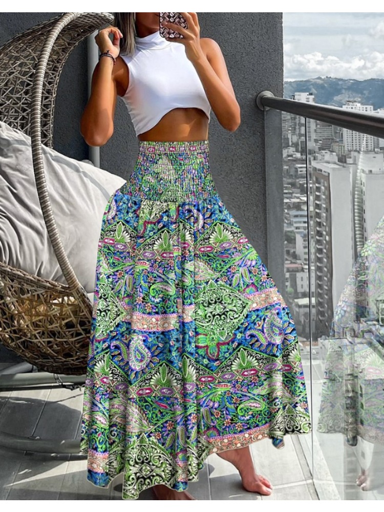 Jupe taille haute élastique bohème pour femmes, imprimé floral, plis, mode, dames, longueur au genou, longues jupes pour femmes