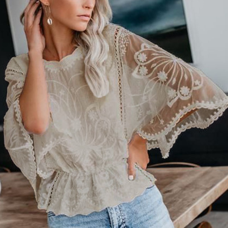 Chemisiers en dentelle à manches chauve-souris pour femmes, broderie de fleurs, évider, chemises décontractées, mode élégante, vêtements d'automne en Y, 2024