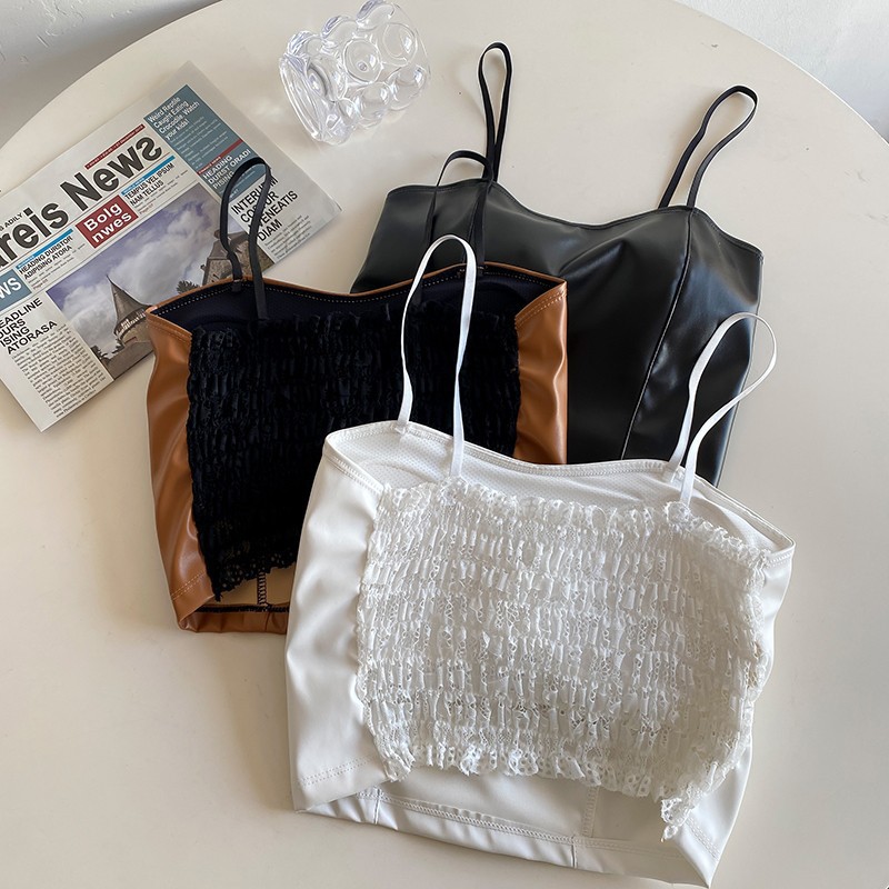 Sexy ventre nu en cuir PU licou culture hauts femmes avec soutien-gorge Pad Spaghetti sangle débardeur Camis femme sans manches recadrée gilet